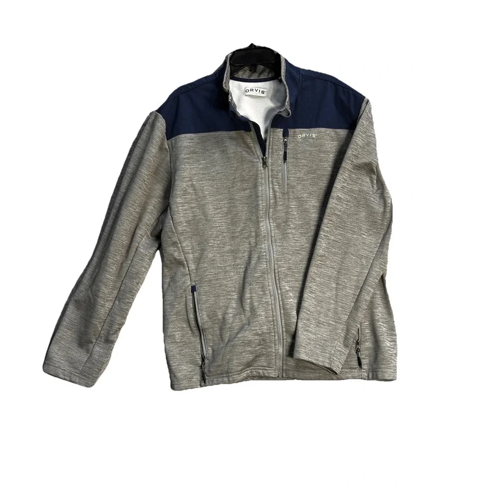 ORVIS Men's Full-Zip Jacket Grey Heather / Navy Yoke Stand Collar Zipper, XL